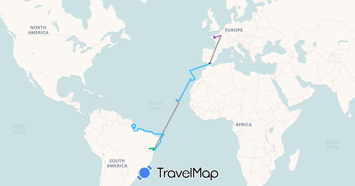 TravelMap itinerary: driving, bus, plane, train, boat in Brazil, Cape Verde, Spain, France, Morocco, Portugal (Africa, Europe, South America)